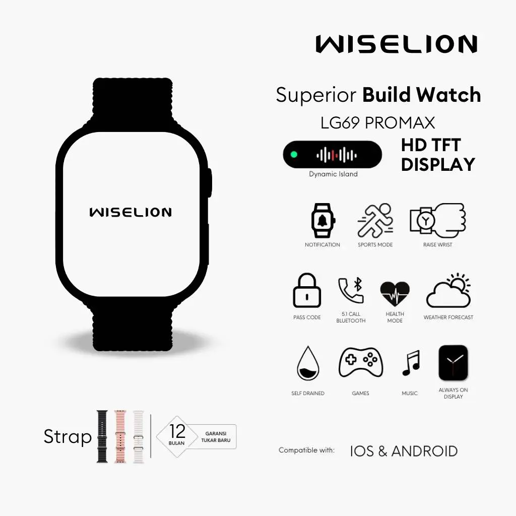 WISELION LG69 Pro Max Smartwatch Bluetooth dengan Layar Sentuh HD, Pemantau Kesehatan, Multi-Sport Modes, Baterai Tahan Lama, dan Kontrol Musik - Jam