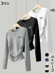 3点セット レディース カジュアル＆ファッション スリムフィット 小さなリボン柄 プリーツプルオーバー シャツ 半袖 ラウンドネック Tシャツ