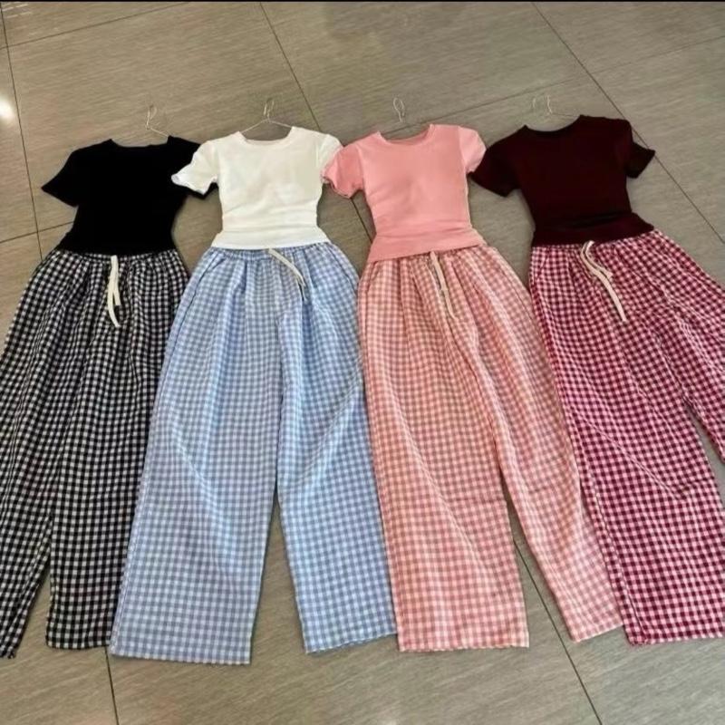 Set bộ nữ quần suông kẻ sọc chất kate mix áo thun ôm babytee chất tăm Hàn mịn mát - Caro