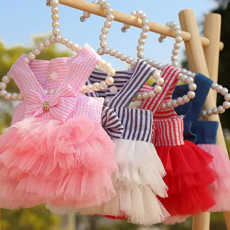 Supermaid Dog Clothes Cat Dress Pet Apparel Small Medium Striped Mesh Dress Spring Summer Puppy Kitten Outfit
