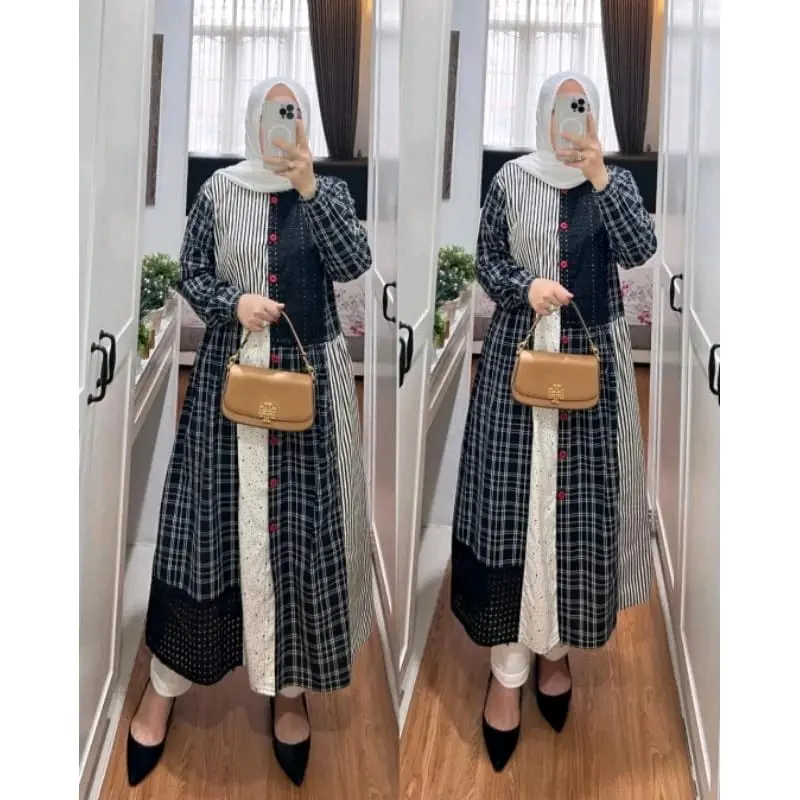 Midi Dress Katun Mix Max Border Bolong Original Merk Semut By syaina Linen Nyaman Cantik Panjang Muslim