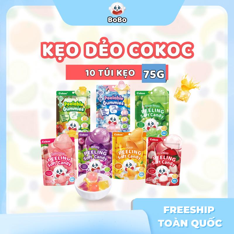 BoBo COKOC Combo 750g 10 Túi Kẹo Dẻo Bóc Vỏ Vị Trái Cây Tự Nhiên Không Chất Bảo Quản Snack Gia Đình Ăn Vặt Thức Ăn Candy Food Thơm Ngon Freeship Toàn Quốc