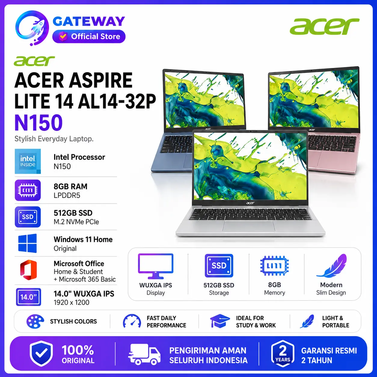 ACER ASPIRE LITE 14 AL14-32P N150 8GB 512GB W11+OHS+M365B 14.0WUXGA IPS SLV -32P.C9VS