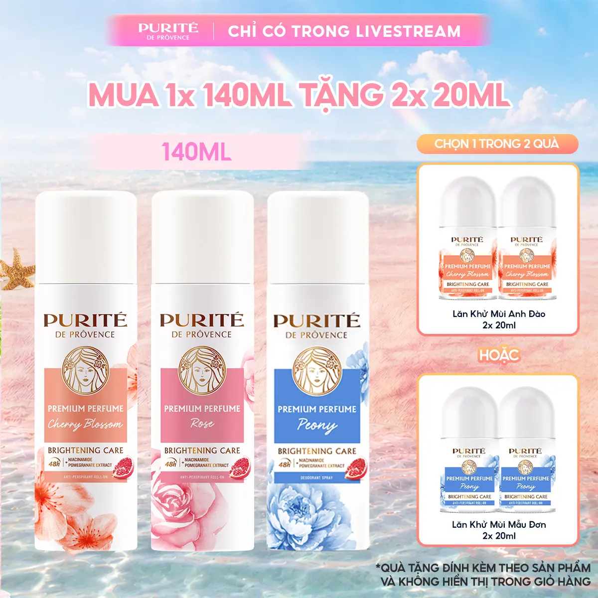 Xịt Khử Mùi Dưỡng Sáng Hương Nước Hoa Cao Cấp Purité 140ML + Tặng 2 Lăn Khử Mùi Dưỡng Sáng Hương Nước Hoa Cao Cấp Purité 20MLx2