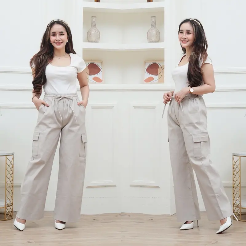 Celana Kulot Cargo Highwaist Wanita Kekinian Zyta Full Karet ada Tali Serut Twill Combad 0