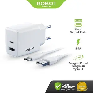 New arrival ROBOT Adaptor Charger 12W Fast Charging Dual Port with Micro USB Type-C Cable 2.4A Adapter Kepala Charger dan Kabel for Android iPhone - ROBOT RT-L3C Original - Garansi Resmi 1 Tahun - Produk Original