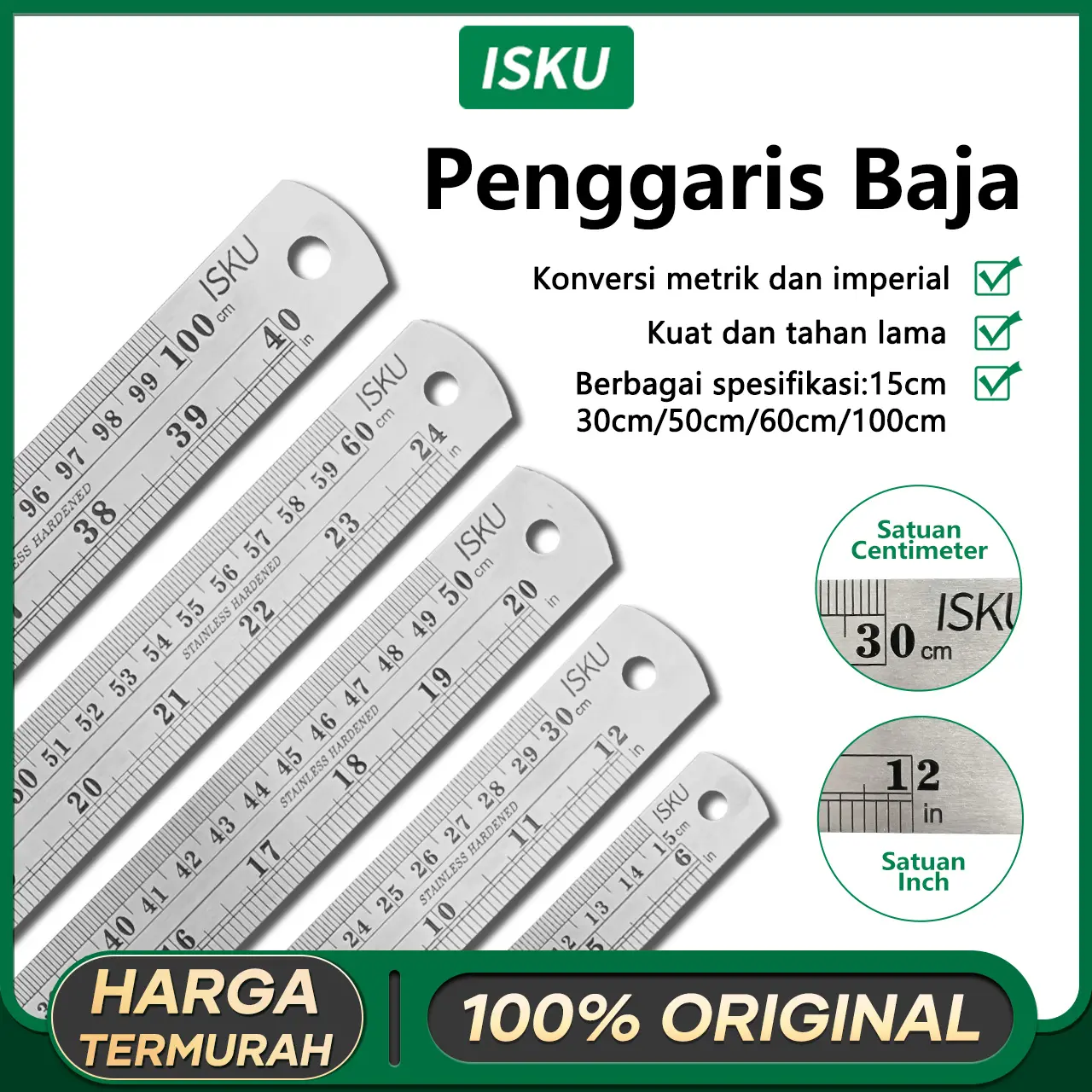 ISKU Penggaris Besi Stainless Steel - 15/30/50/60/100cm Pengukuran Presisi Tinggi Anti Karat Alat DIY dan Profesional