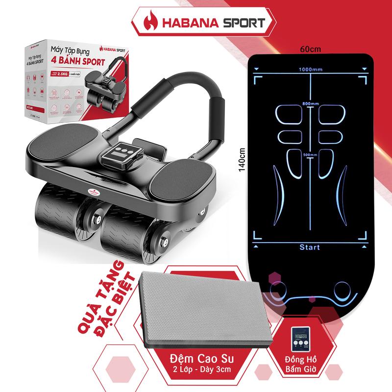 [HABANA SPORT] Máy Tập Bụng 4 Bánh Thế Hệ Mới 2025 + Thảm Chuyên Dụng 1m4 [TẶNG] Đệm Kê Gối 3cm + Đồng Hồ