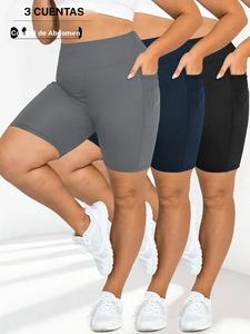 【Talla Grande】 Leggings de Cintura Alta con Bolsillo Sólido, Shorts Skinny Casuales, Cómodos y Transpirables para Uso Diario, Ropa Inferior para Mujer para el Verano