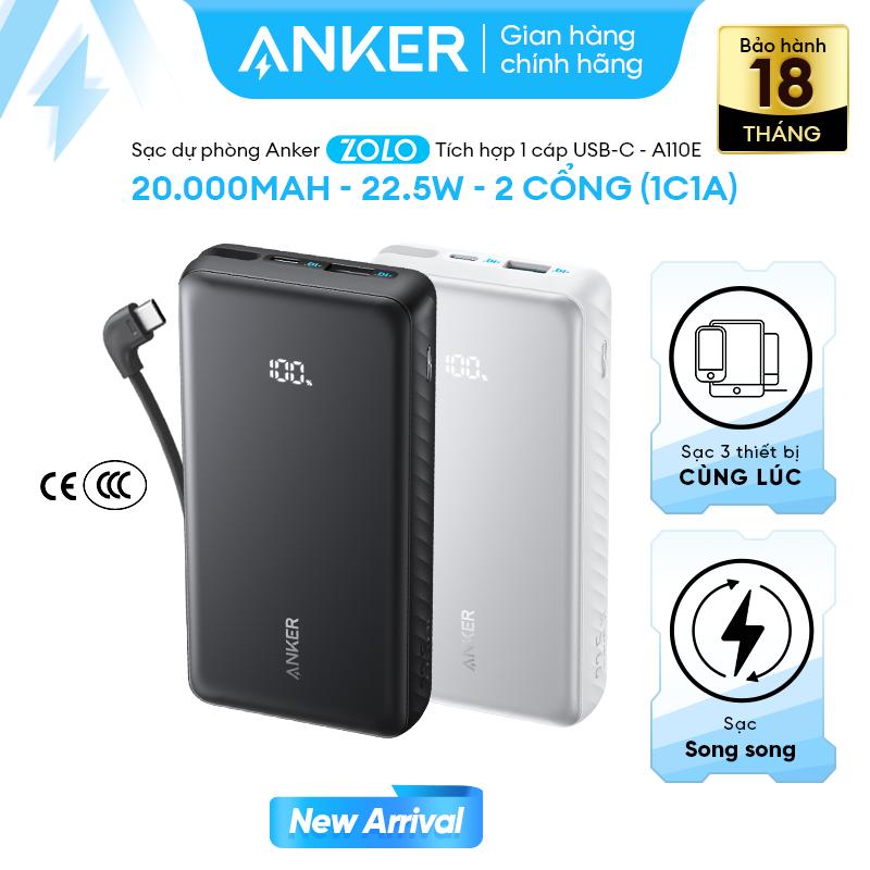  Sạc dự phòng Anker Zolo dung lượng lớn 10.000m 20.000mAh | Tích hợp cáp USB-C gập góc 90° | Công suất 22.5W | 2 cổng 1A1C | Màn hình LED hiển thị % pin | Hỗ trợ sạc cùng lúc 3 thiết bị | Chế độ sạc trickle charge cho thiết bị nhỏ – A110D A110E 