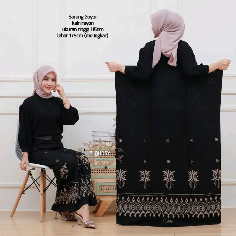 Afi.id • Sarung santri Mbak santri  Remaja Putri Bahan Rayon Sarung Goyor Printing Hitam Motif Bunga Wanita Muslim Adem Lembut Nyaman dipake seharian (COD) Batik Dewasa Pekalongan 4