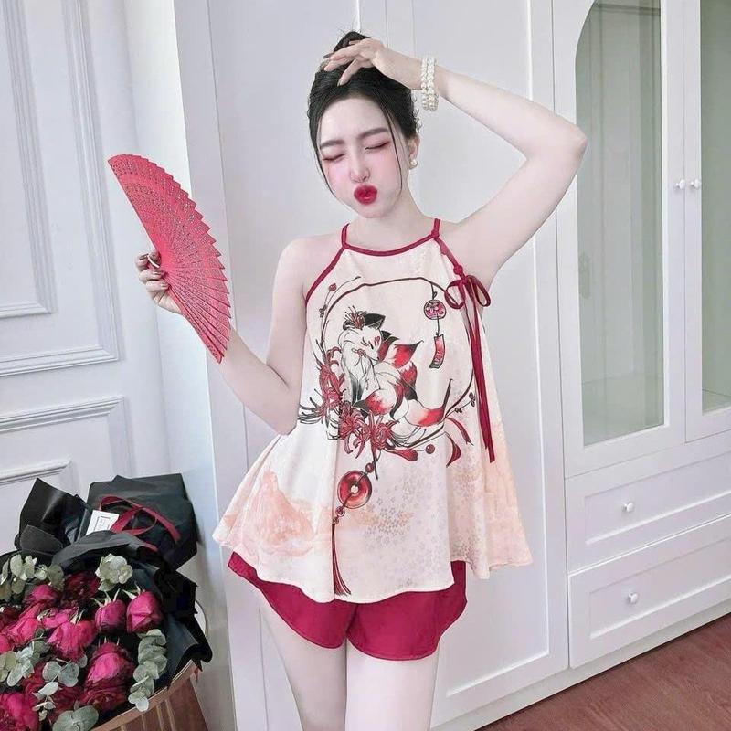 Bộ Đồ Yếm Ngủ Nữ Dễ Thương Chất Liệu Phi Lụa mềm mát Freesize 40-60kg Women Voi Áo