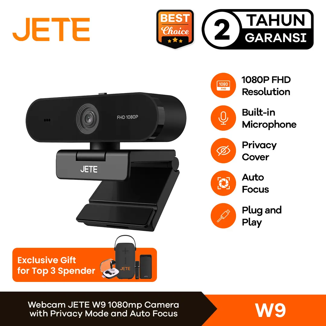 Webcam JETE W9 Web Cam Full HD 1080p Kamera Handphone Laptop Komputer With Mic Privacy Lens Cover For Live Video Meeting FHD Camera Auto Focus