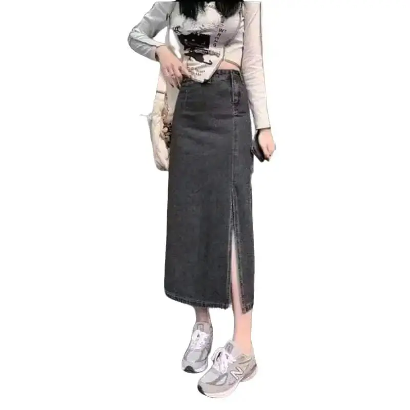 Rok Jeans Span Belah Samping Korean Style HightWaist - Rok A Line Panjang Tebal Wanita Midi