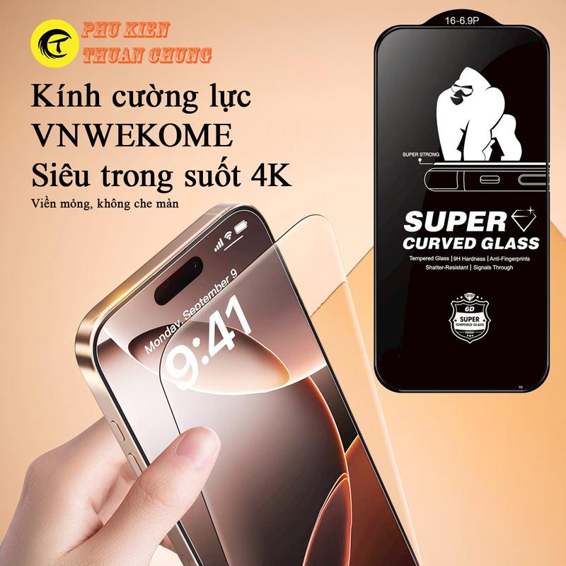 Kính cường lực trong suốt 4K VNWEKOME WTP-107 full màn hình viền mỏng dành cho iPhone X s r 11 12 13 14 15 16 17 Pro Max Plus