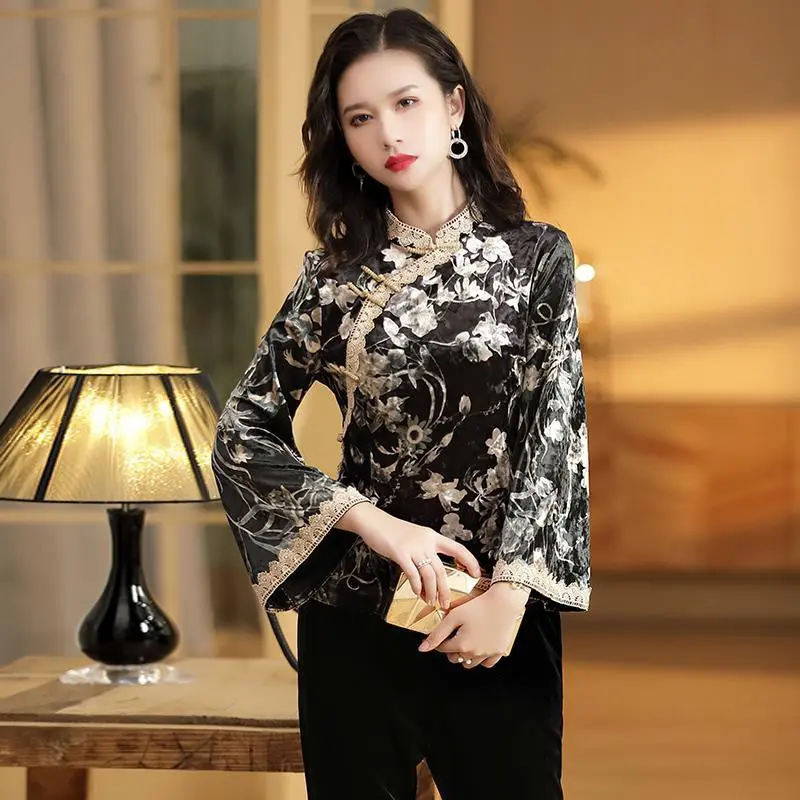 Velvet Vintage Long Sleeve  Plus Size Cheongsam Blouse Fashion Chinese Style Slim Wild  Women Top Shirt