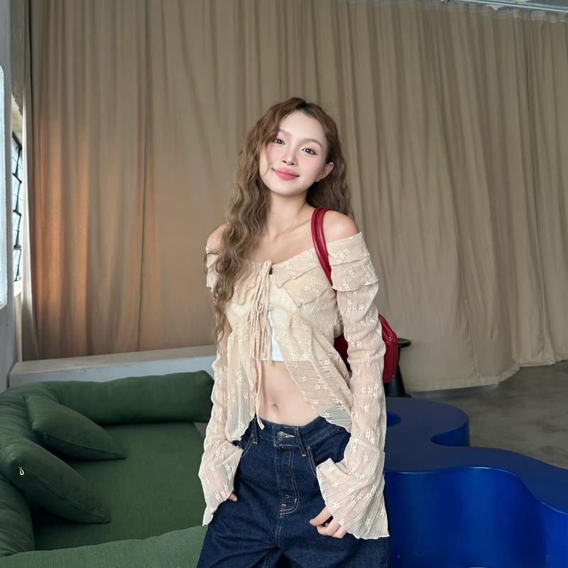 [Mở Bán Tặng Áo Quây] AH21 NARI TOP Áo Cardigan Nữ Chất Vải Thun Tăm Mềm Cột Dây Tay Dài Hoạt Tiết Hoa Mặc Kiểu Trễ Vai