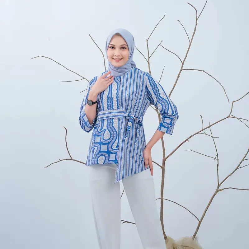 Baju Batik Wanita Lengan Panjang Motif Daun Waru Modern Monalisa Genes Blouse Bahan Katun Basic Asli Pekalongan 1