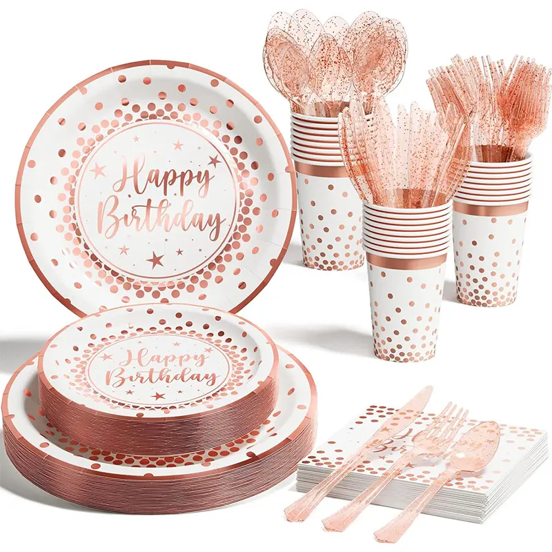 Pink Rose Gold Dots Party Plates Cups and Napkins Sets with Plastic Knives forks spoons, Disposable Tableware Sets for Wedding