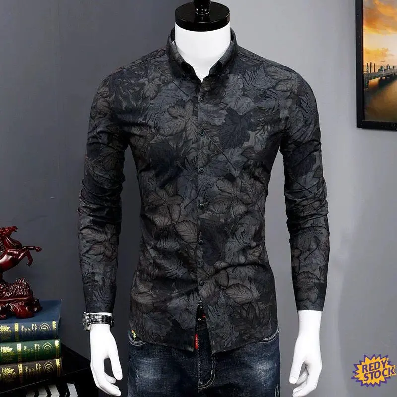 [High quality] batik shirts men long sleeve shirt men collared autumn shirt men's long-sleeved slimming Korean fashion printed shirt youth handsome casual fashion Men's I