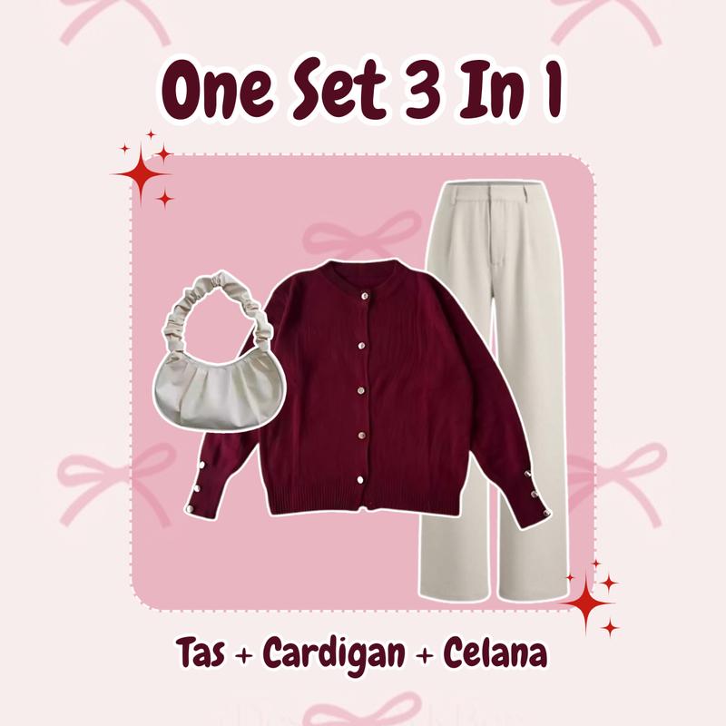 One Set Wanita Setelan Kekinian (Cardigan Rajut + Celana Knit + Hijab) OOTD Feminine Girl - DS082 N  Panjang Casual Oversize 3