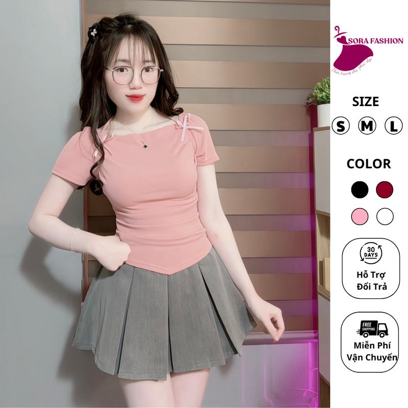  GIÁ TRI ÂN KHÁCH HÀNG   Áo Kiểu Nữ Hàn Quốc Bigsize Sora Fashion Áo Thun Nữ Bánh Bèo Đính Nơ Chất Liệu Thun Tăm 148 Women Top Shirt 