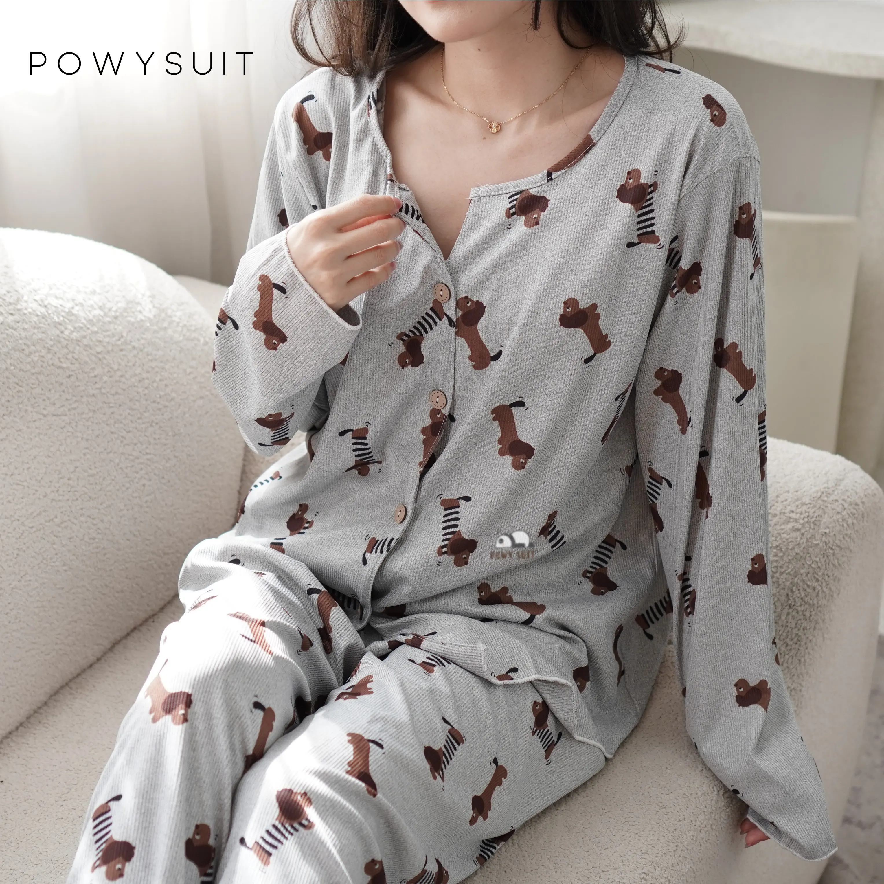 Powysuit Piyama Knit Wanita Motif Lengan Panjang dan Setelan Celana Panjang - Bahan Knit Berkualitas Tinggi