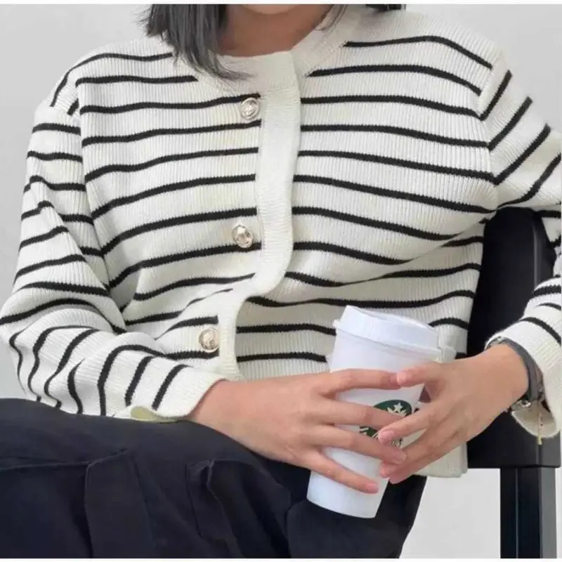 LYLYY Cardigan wanita Rajut Premium Tebal Motif Stripe Korean Style 6