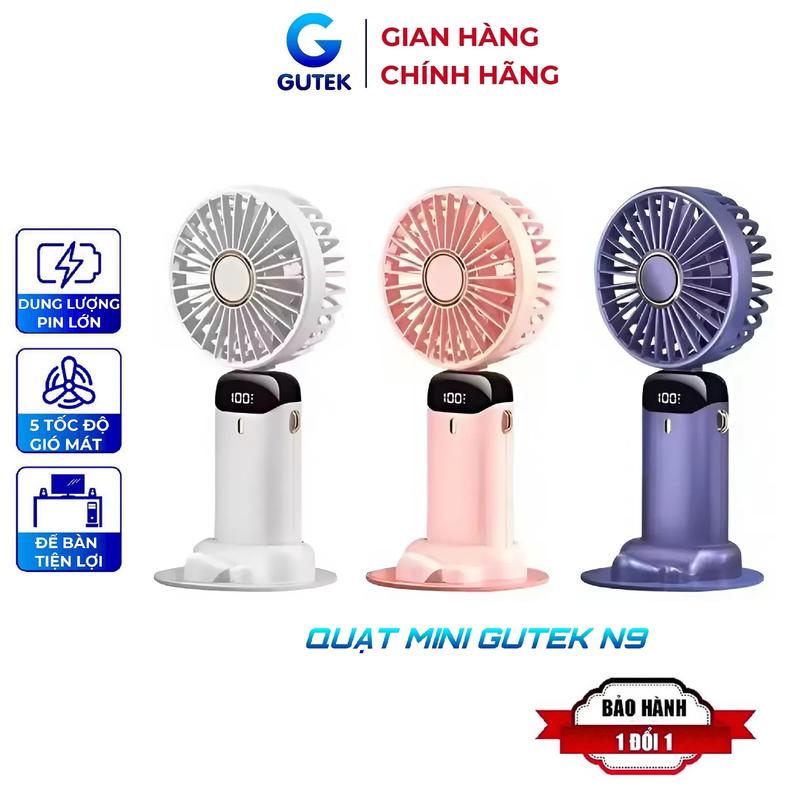 Quạt cầm tay mini pin tích điện tặng chân đế để bàn nhỏ gọn 5 tốc độ gió Gutek N9