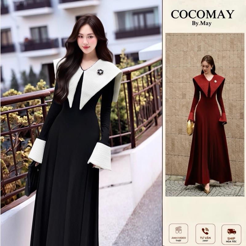 COCOMAY Đầm phối cổ Tweed form maxi dài thanh lịch < Tặng Kèm Tag cài hoa Trà >
