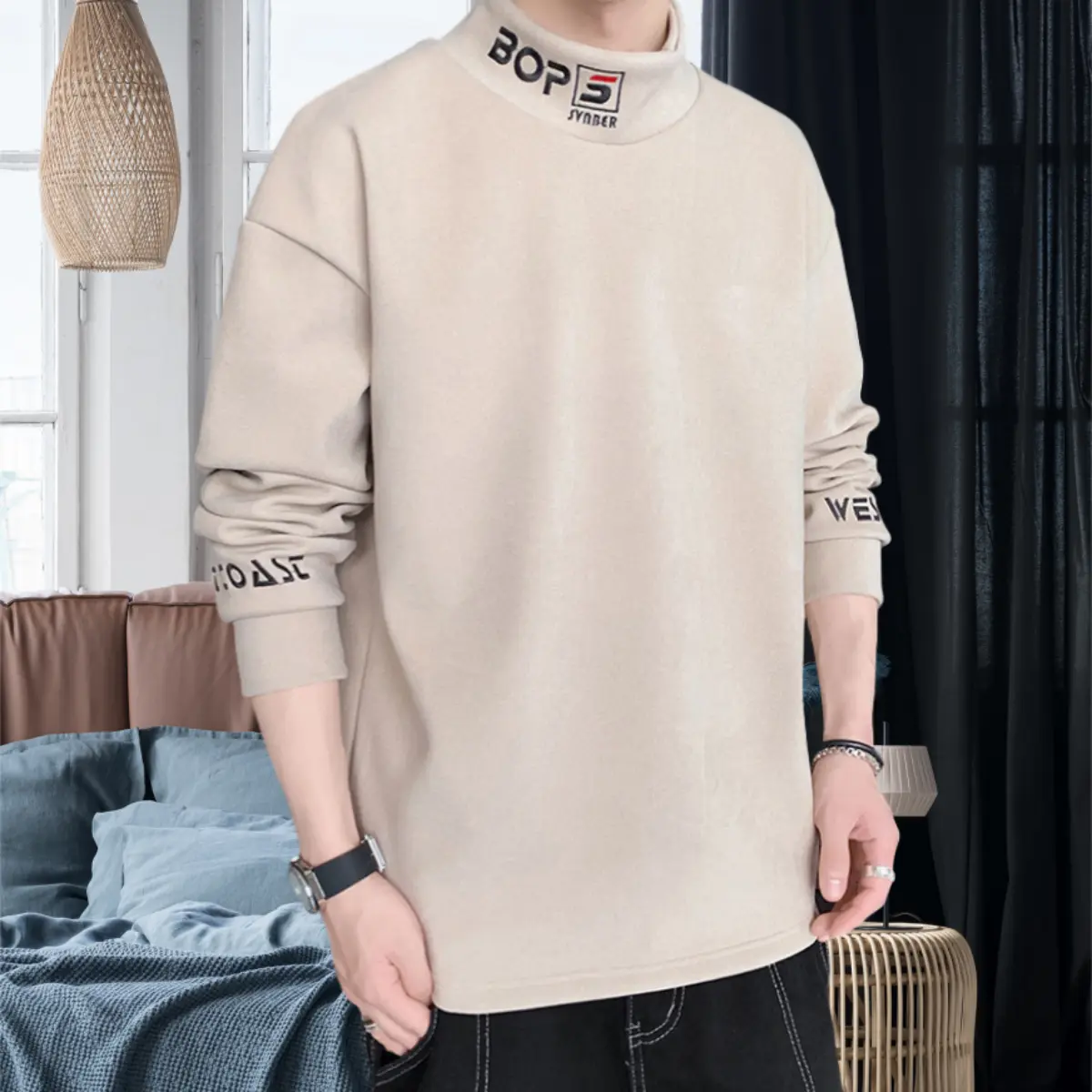 เสื้อสเวตเตอร์คอสูง แขนยาว สำหรับผู้ชาย ใส่ฤดูใบไม้ร่วงและฤดูหนาว กำมะหยี่สองด้าน แฟชั่น เสื้อข้างในให้ความอบอุ่น เสื้อยืด เสื้อไหมพรมแขนยาว
