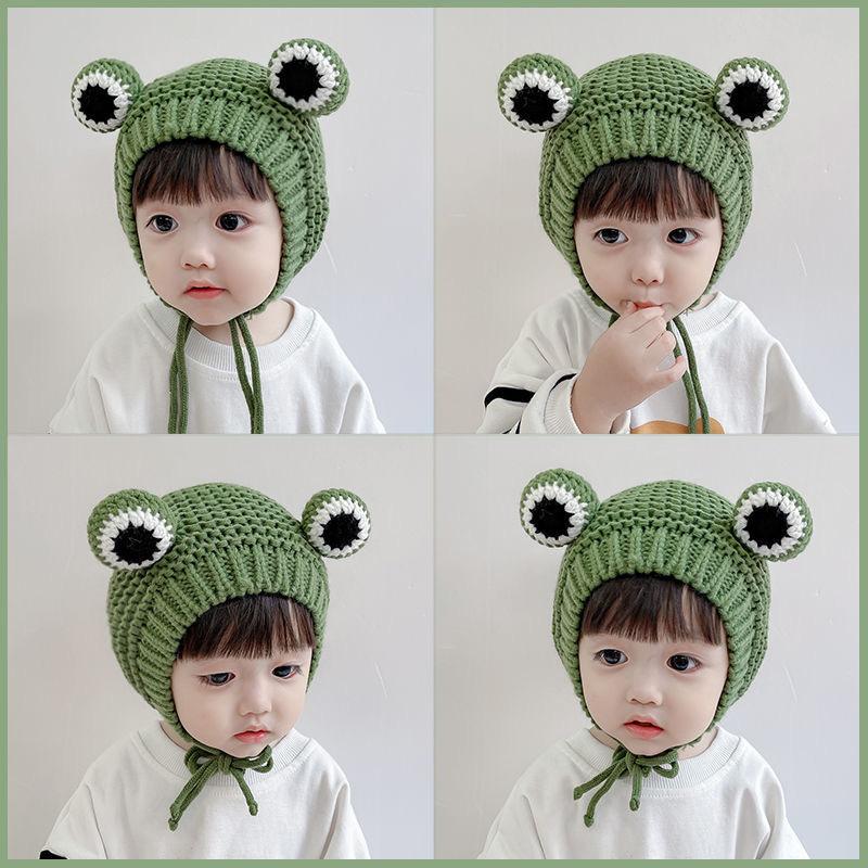 Mũ Len Dệt Kim Hình Ếch Cho Bé, Mũ Hoạt Hình Màu Trơn, Bảo Vệ Tai Mùa Thu Đông, Mũ Nón Vui Nhộn, Che Đầu Ấm Áp, Mũ Trẻ Em, Bịt Tai