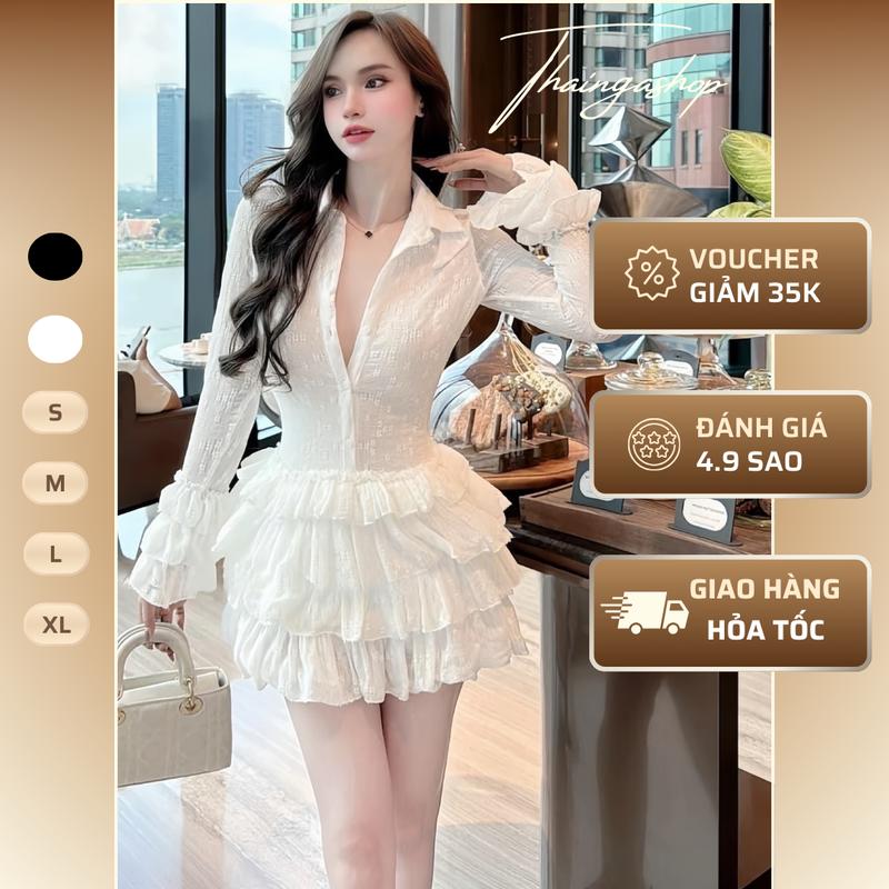 Đầm dự tiệc tiểu thư cổ đức phối bèo tầng chất ren thêu hoa nổi màu trắng màu đen điệu đà sang trọng cho nữ size S M L XL