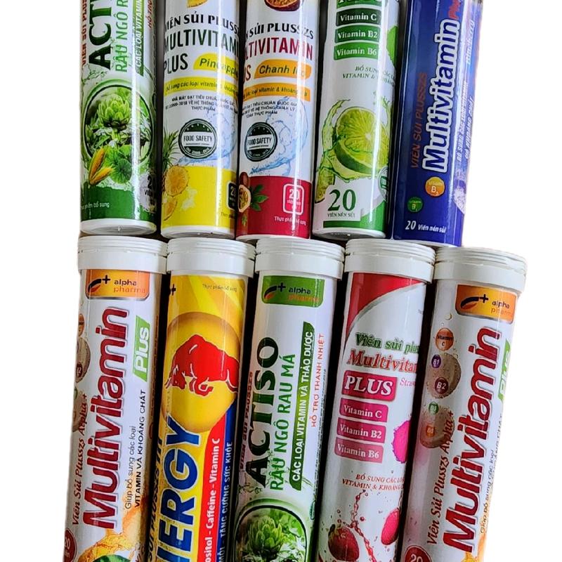 C sủi nhiều vị( Alpha ) ,cam,dâu tây, dứa, việt quất, chanh leo, chanh ta , bò energyl, actiso. Bổ sung vitamin C cho ngày hè tươi mát. Tuýp 20 viên
