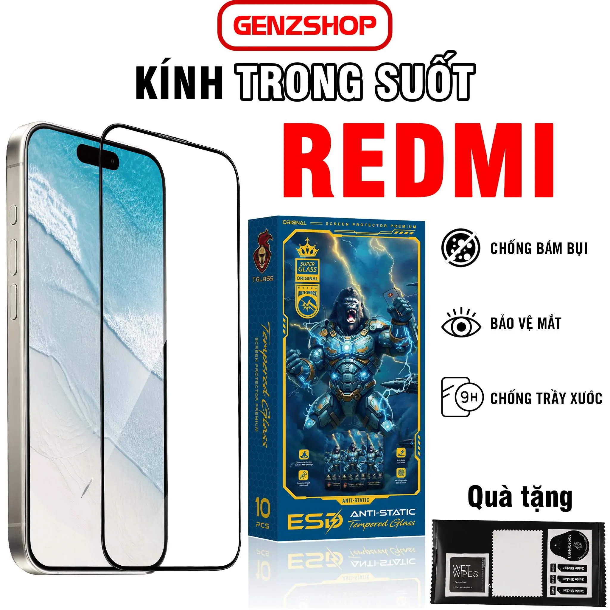 (Nhận vân tay) Cường lực cho Xiaomi Redmi 17 17C 15 15C 15A 14C 14R R70m 13 13x 13C 12C 12 11 10C 10A 10 9 9T 9i 9C 9A 8A 8 7 Pro Prime 4G 5G Kính trong suốt