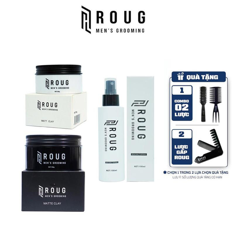  Combo Sáp vuốt tóc nam Roug Matte màu đen  Matt Clay màu trắng 90gr + Xịt tạo phồng tóc Roug Sea Salt Spray 150ml cao cấp chính hãng Roug Men's Grooming 