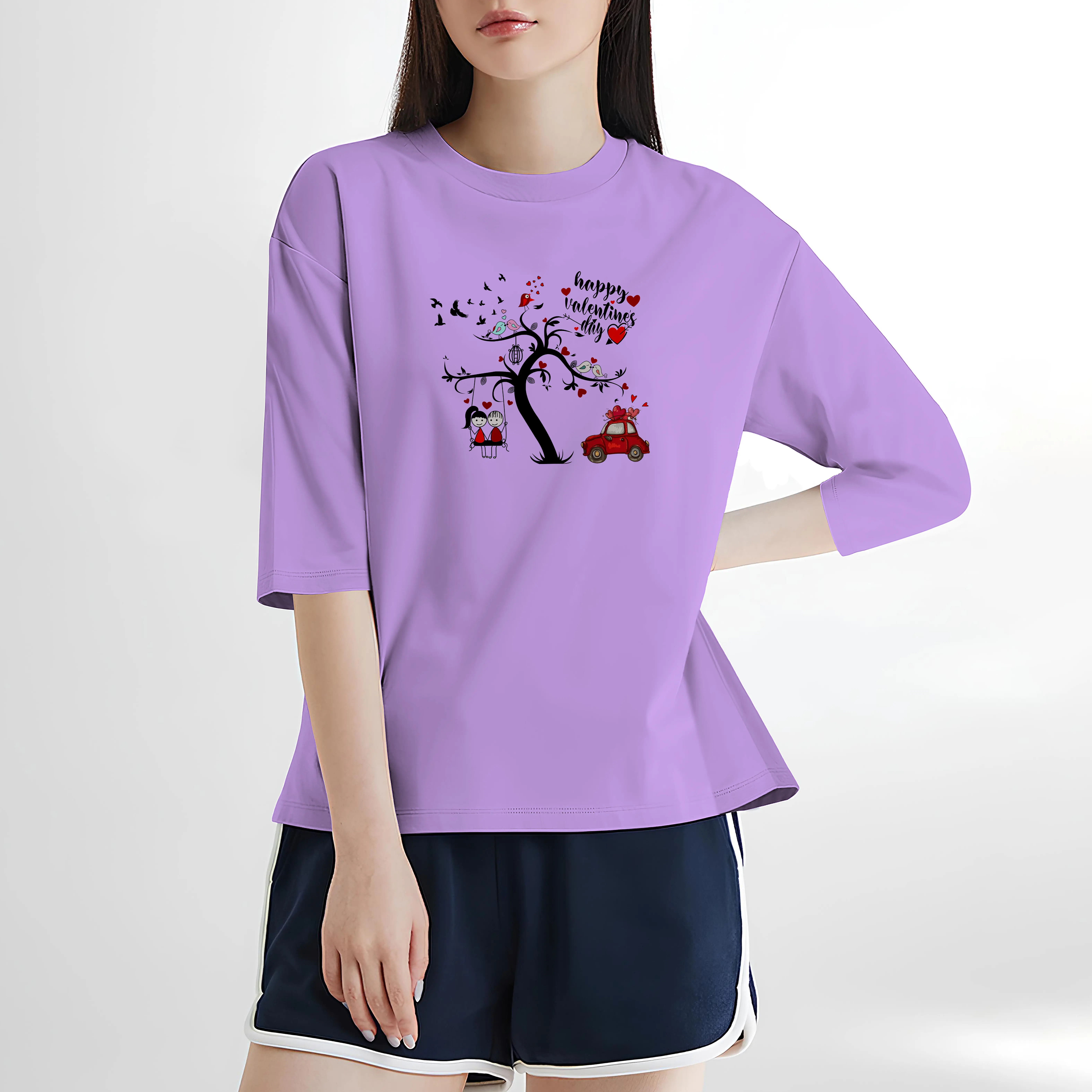 MISSHE Tshirt Raglan 3/4 Motif Valentin Tree Bird Kaos Katun Combed Kasual Wanita Korean Style Atasan Remaja Cewe Jumbo Lengan Raglan 3/4 Crew Neck Polos Baju Lebaran Oblong