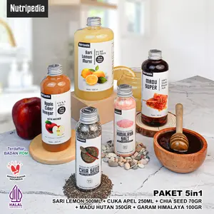 NUTRIPEDIA Paket 5 in 1 Sari Lemon 500 ml, Cuka Apel 250 ml, Madu Hutan 350 gr, Chia Seeds 70 gr, Garam Himalaya 100 gr