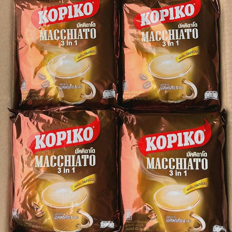  MẪU MỚI 400G Date 2027 Cafe Kopico Macchiato 3in1 Thái Lan Cà phê Sữa Hoà Tan Thơm Ngon Đậm Vị 400g x 20 gói và 1 Lốc Cafe Pha Sẵn Lucky day 180ml 