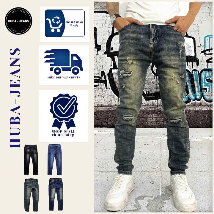 Quần jean nam dài HUBA-JEANS (BIGSIZE) bluesea wash rách thời trang Menswear Pants Có Túi Denim quầntàntật  purple thông thường khóa kéo