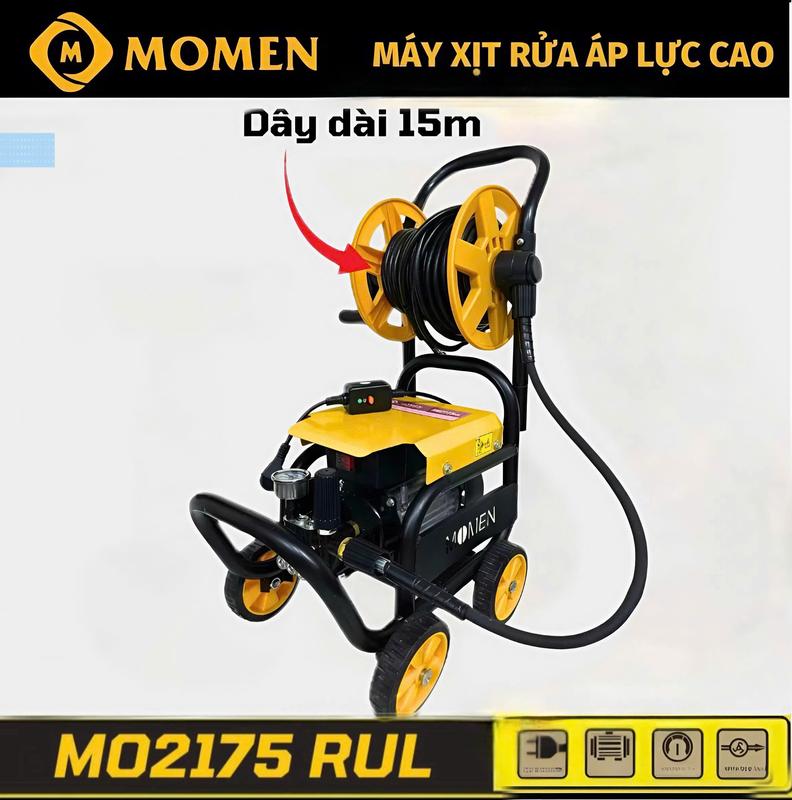  Máy Rửa Xe Gia Đình Momen 2175RUL Lõi Đồng Đầy Đủ Phụ Kiện- Dây Dài 15m +Có Rulo Cuốn Dây Và Khung 4 Bánh Xe 