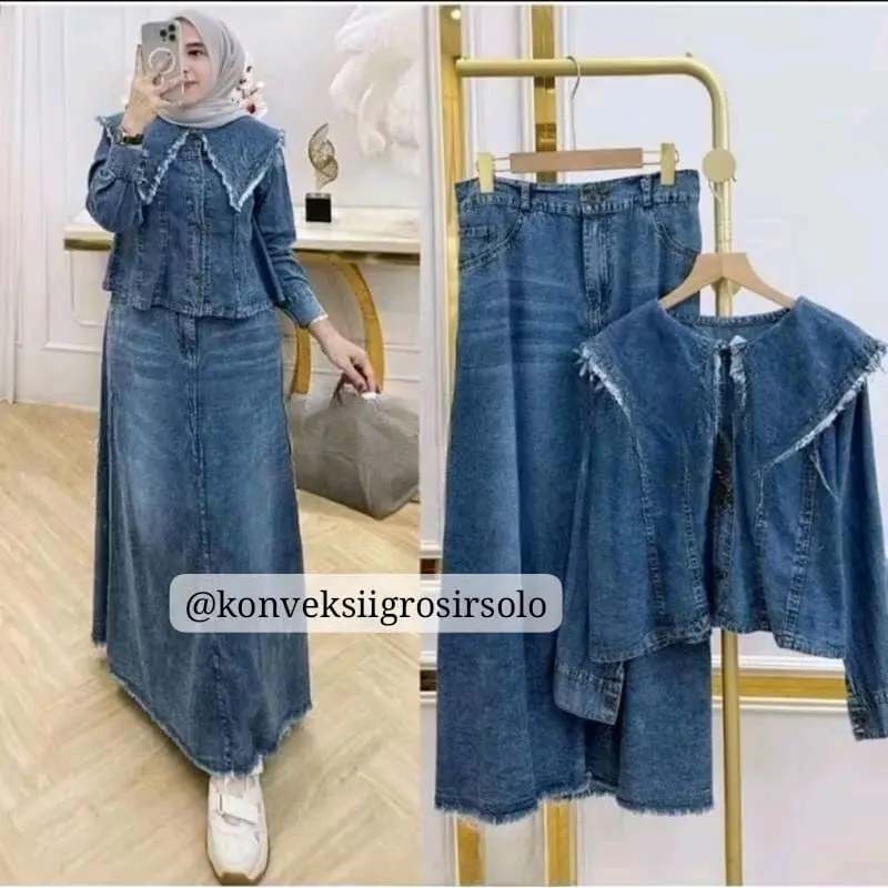 KGS  Setelan Rok  Panjang Wanita  Dewasa Jeans Kerah Baju