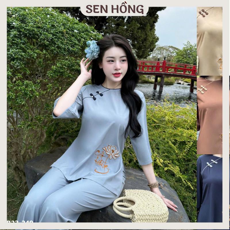 SET TRANG PHỤC PHẬT TỬ - Quần áo pháp phục nữ vải lụa nhuyễn thêu hoa - áo lam đi chùa đi chơi B23