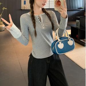 Women's Striped Colorblock Half-Open Neck Long Sleeve T-Shirt, Fall New Slim Fit Inner Layer Top, Casual Fashion Tee 3412# Womenswear Lingerie Streetwear