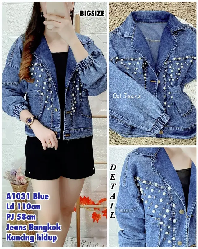 OVI - Jaket Jeans Wanita Brokat Mutiara Jumbo - Premium Quality Jeans Stretch 0