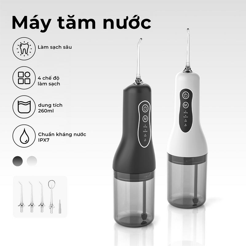 Máy tăm nước không dây Gokoco (260ml) (Trắng hoặc Đen) - BN007-ZX - 4 chế độ phun, bình chứa nước có thể tháo rời, cổng sạc USB