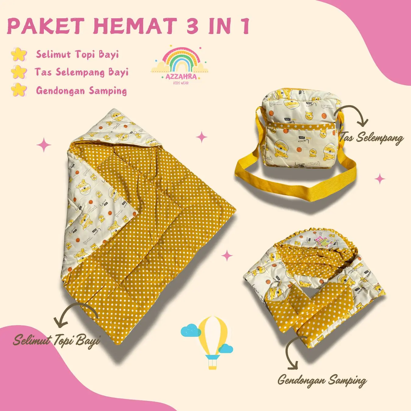 Set 3 in 1 - Selimut Topi Hoodie Penutup Kepala Tas Bayi Gendongan Samping Ring