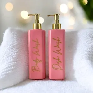 BOTOL SABUN CAIR KOTAK 500 ML PINK TUTUP PUMP CLIP OIL LUXURY GOLD AESTHETIC ORGANIZER