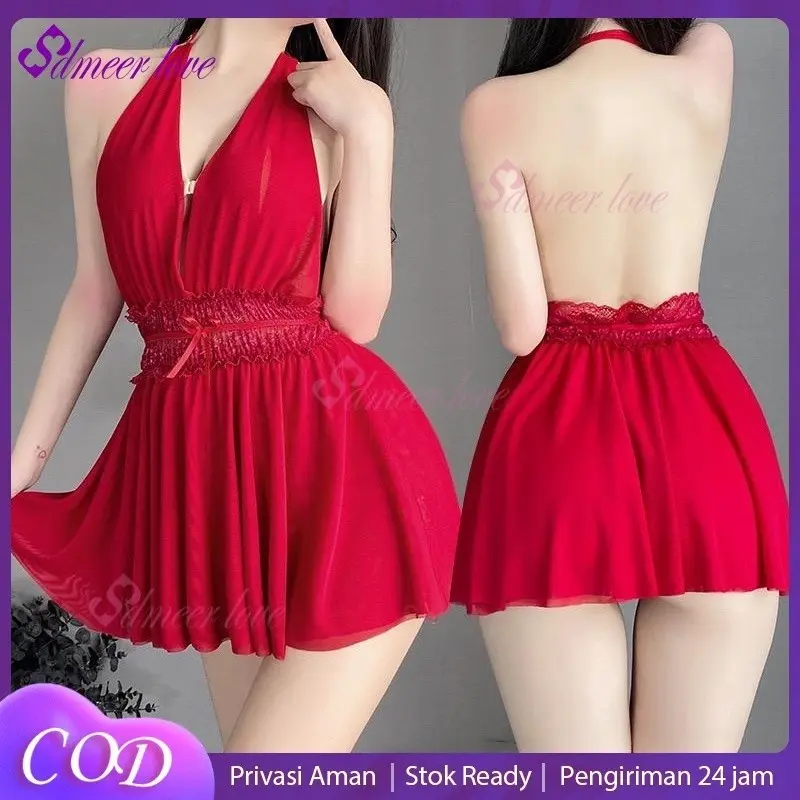 Dmeer [ LINGERIE MASTER ] - (L-57) Lingerie Sexy Hot Halter Neck Perspective Renda Dress Baju Tidur Lingerie Set 995