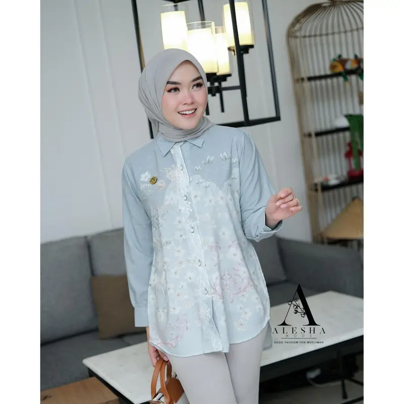 Blouse Tunik Silk Silky Premium Motif Etnik Monogram by Alesha Mode - RANISYA - Lembut, Muslim, Busui 4